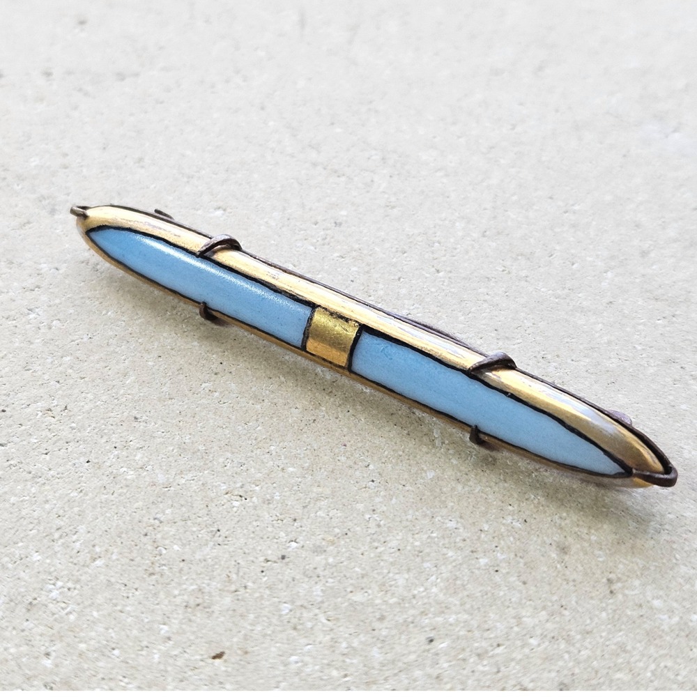 Antique Blue Porcelain Enamel Gold Painted‎ Bar Brooch Pin Georgian Victorian